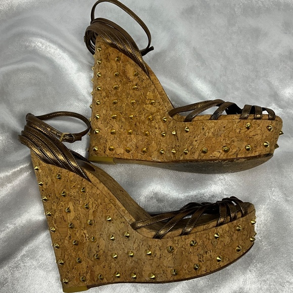 Gucci Studded Cork Platform Wedge Sandals Bronze Gold Leather EU 39.5 - Picture 2 of 12